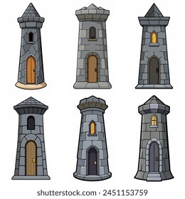 Medieval stone brick tower buildings. Castle gatehouse, fort, watchtower Stone building Game rpg city element. Ancient kingdom fortress. Old citadel donjon. Cartoon vector set, gray stone brick towers