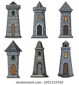 Medieval stone brick tower buildings. Castle gatehouse, fort, watchtower Stone building Game rpg city element. Ancient kingdom fortress. Old citadel donjon. Cartoon vector set, gray stone brick towers