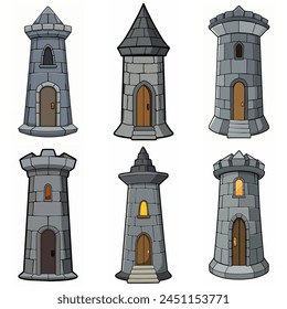 Medieval stone brick tower buildings. Castle gatehouse, fort, watchtower Stone building Game rpg city element. Ancient kingdom fortress. Old citadel donjon. Cartoon vector set, gray stone brick towers