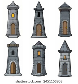 Medieval stone brick tower buildings. Castle gatehouse, fort, watchtower Stone building Game rpg city element. Ancient kingdom fortress. Old citadel donjon. Cartoon vector set, gray stone brick towers