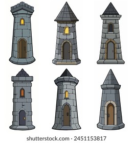 Medieval stone brick tower buildings. Castle gatehouse, fort, watchtower Stone building Game rpg city element. Ancient kingdom fortress. Old citadel donjon. Cartoon vector set, gray stone brick towers