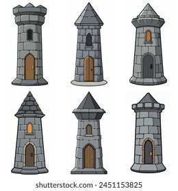 Medieval stone brick tower buildings. Castle gatehouse, fort, watchtower Stone building Game rpg city element. Ancient kingdom fortress. Old citadel donjon. Cartoon vector set, gray stone brick towers