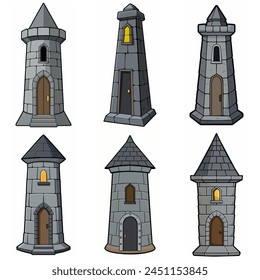 Medieval stone brick tower buildings. Castle gatehouse, fort, watchtower Stone building Game rpg city element. Ancient kingdom fortress. Old citadel donjon. Cartoon vector set, gray stone brick towers