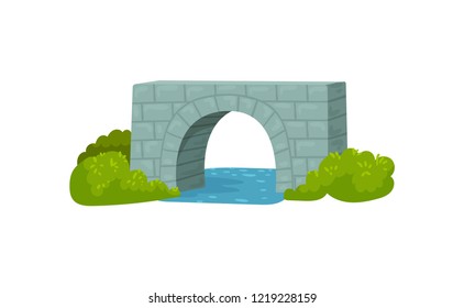 Medieval stone bridge, blue river and green bushes. Construction for transportation. Architecture theme. Flat vector design