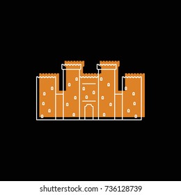 Medieval stone castle with fortified wall and towers icon. Doodle illustration of Medieval castle vector icon for web isolated on black background