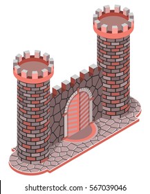 Medieval stone castle, gate and towers. 3D isometric view. Vector illustration.