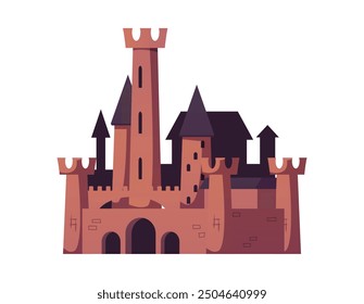 Medieval stone castle with towers. Fairytale Kingdom. Palace. Fortress. Historical building. Citadel. Graphic element for the game. Vector illustration isolated on white background.