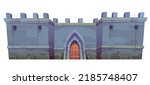 Medieval stone castle wall with wooden gate cartoon illustration. Vector image of ancient kingdom fortification for defense. Old fortress with gothic arched door. Reliable home security system