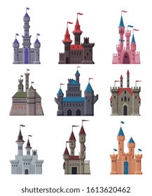 Medieval Stone Castles Collection, Ancient Fortified Fairytale Fortresses and Palaces with Towers Vector Illustration