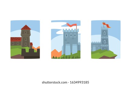 Medieval Stone Castles and Towers with Flags Collection, Ancient Buildings on Summer Nature Landscape Vector Illustration