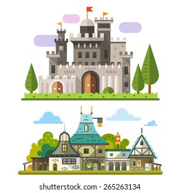 Medieval stone fortress and old timber house landscapes. Sprites for game. Vector flat  illustrations