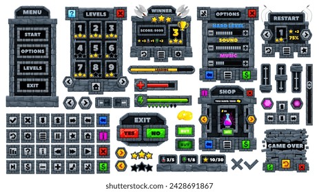 Mittelalterliche Stein-Spiel-Schnittstelle und UI-Spiel-Tasten für GUI, Vektor-Elemente. Stone-Rock-Tasten und Steuerungen mit Arcade-Spiel-Assets, Goldmünzen und Menü-Tasten mit Volumen-, Start- oder Finish-Icons