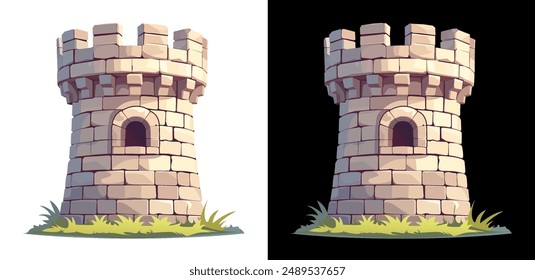 Una torre medieval de piedra con almenas y una Pequeña ventana arqueada, renderizada en un estilo realista de dibujos animados en 3D. Ideal para iconos de juegos, UI, UX, KIT y GUI. La torre de dibujos animados en 3D. Vector 