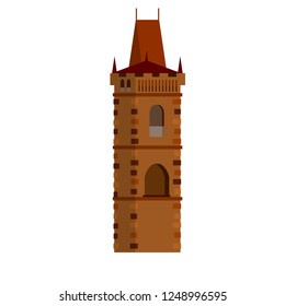 Medieval stone tower of the castle. Czech landmark of Prague. Element Charles bridge with a red roof. Fortress for defense. Historic urban landscape.