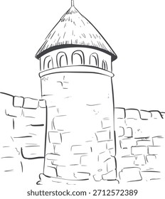 Of a medieval stone tower with conical thatched roof