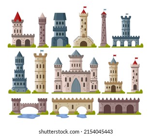 Medieval stone towers cartoon illustration set. Castles or palace with gates, old historic fort with flag, fairy tale buildings, elements for computer game. Fantasy, ancient architecture concept