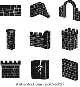 Medieval stone wall modules and castle fortification icons. Black silhouette isometric building elements for fortress construction and tower design.