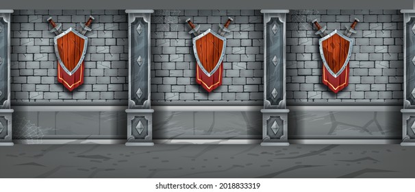 Medieval Stone Wall Seamless Texture, Brick Castle Dungeon Background, Wooden Shield, Sword, Flag. Old Marble Column, Cracked Gray Pillar Architecture Gallery Interior Illustration. Ancient Stone Wall