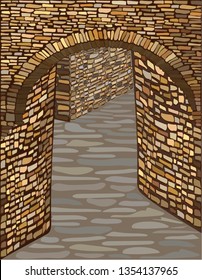 Medieval street with a stone arch. vector illustration