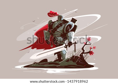 Medieval strong knight vector illustration. Warrior wearing iron armor and holding sword flat style design. Man standing on battlefield. War or power concept