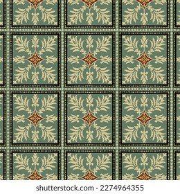 Medieval style abstract geometric background. Vector illustration with hand painted floral elements. Ancient style decorative mosaic pattern is useful for wallpaper, interior design, clothes and more.