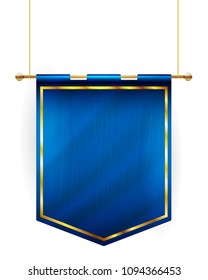 Medieval style blue flag hanging on gold pole - isolated on white background. Vector illustration.