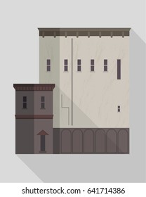Medieval style building with chapel. Flat vector illustration. 