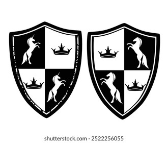 Escudo de armas de estilo medieval con caballos en ascenso, unicornios y corona: animales que saltan con escudo heráldico conjunto de diseño de Vector en blanco y negro