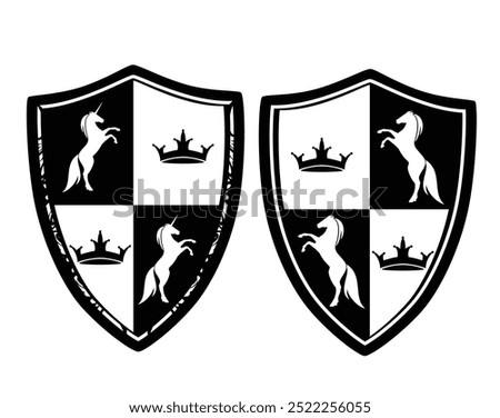 medieval style coat of arms with rearing up horses, unicorns and crown -  prancing animals with heraldic shield black and white vector design set