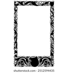 Design de estilo medieval. Quadro desenhado em estilo cavaleiro com espadas, lanças, escudo, capacete e ornamentos florais e fitas, isolado em branco, ilustração vetorial