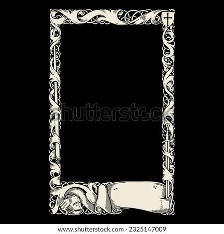 Medieval style design. Frame drawn in knightly style with swords, spears, shield, helmet and floral ornaments and ribbons, isolated on black, vector illustration