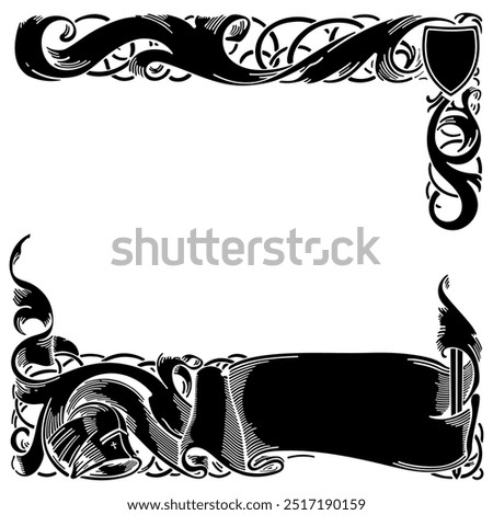 Medieval style design. Frame drawn in knightly style with swords, spears, shield, helmet and floral ornaments and ribbons, isolated on white, vector illustration