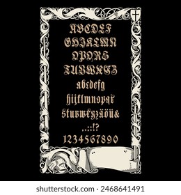 Mittelalterliches Design. Gotische Schrift, Buchstaben und Zahlen handgezeichnet im Retro-Vintage-Stil und Rahmen im Ritterstil, isoliert auf Schwarz, Vektorillustration