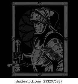 Diseño de estilo medieval. Guerrero en la armadura del caballero con una espada en un marco medieval vintage, aislado en ilustración negra vectorial