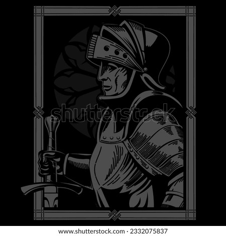 Medieval style design. Warrior in knight's armor with a sword in a vintage medieval frame, isolated on black, vector illustration
