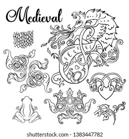 Medieval style elements set. Mythological magic beast Basilisk, legendary bizarre creature. Decorative design. Dragon, burning flame. Vector illustration. Coloring book for adults.