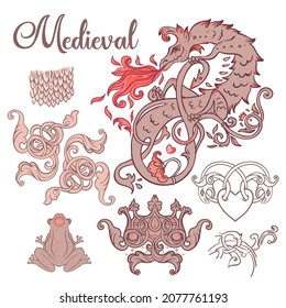 Medieval style elements set. Mythological magic beast Basilisk, legendary bizarre creature. Decorative design. Dragon, burning flame. Vector illustration. 