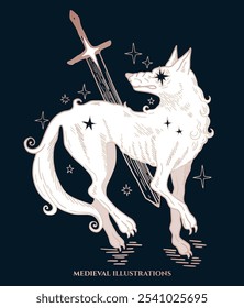 ilustração de fantasia estilo medieval, lobo cósmico com espada, design de tatuagem