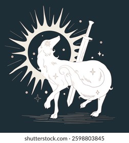 medieval style fantasy illustration, cosmic wolf with sword, tattoo design	