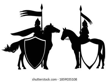 medieval style fantasy knight hero with horse and banner - black and white vector guard heraldic design set