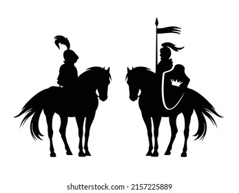 medieval style fantasy knight hero with horse and royal king banner - black and white vector guard silhouette design set