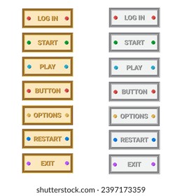 Medieval style gold and silver button sets with gemstones. Vector illustration. Login, exit, play, button, start, restart, options.