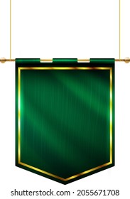 Medieval style green flag hanging on gold pole - isolated on white background. Vector illustration.