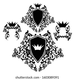 medieval style heraldic shield with king crown and rose flowers - royal coat of arms black and white vector design set