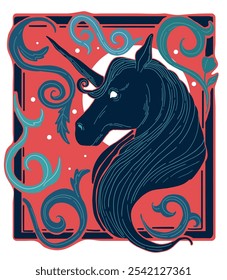 medieval style illustration, fantasy, unicorn, gravure style, black and red, dark fantasy artwork