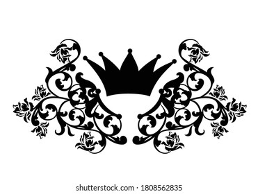 medieval style royal crown among heraldic rose flowers decor - black and white vector outline design