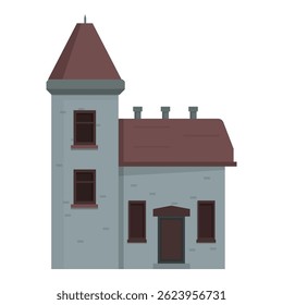 Medieval style stone house with a tower and red roof is standing on a white background