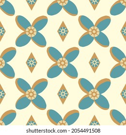 Medieval style stylized flowers and diamonds vector pattern background. Hand drawn floral motifs and rhombus shapes backdrop. Blue gold geometric historical effect abstract botanical all over print