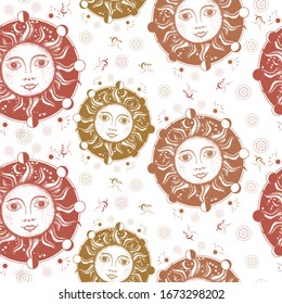 Medieval sun. Seamless pattern. Packing old paper, scrapbooking style. Vintage background. Manuscript, engraving art. Moon phases. Sacred Geometry 