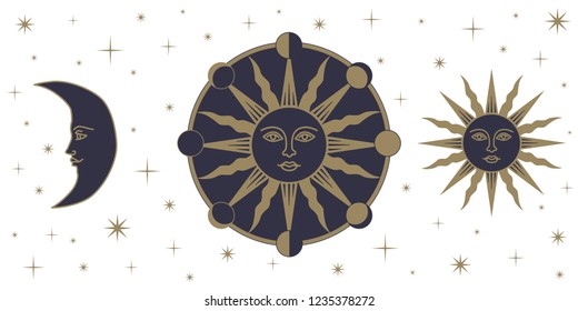 Medieval sun sol face moon phases stars astronomy alchemy gothic vector illustration